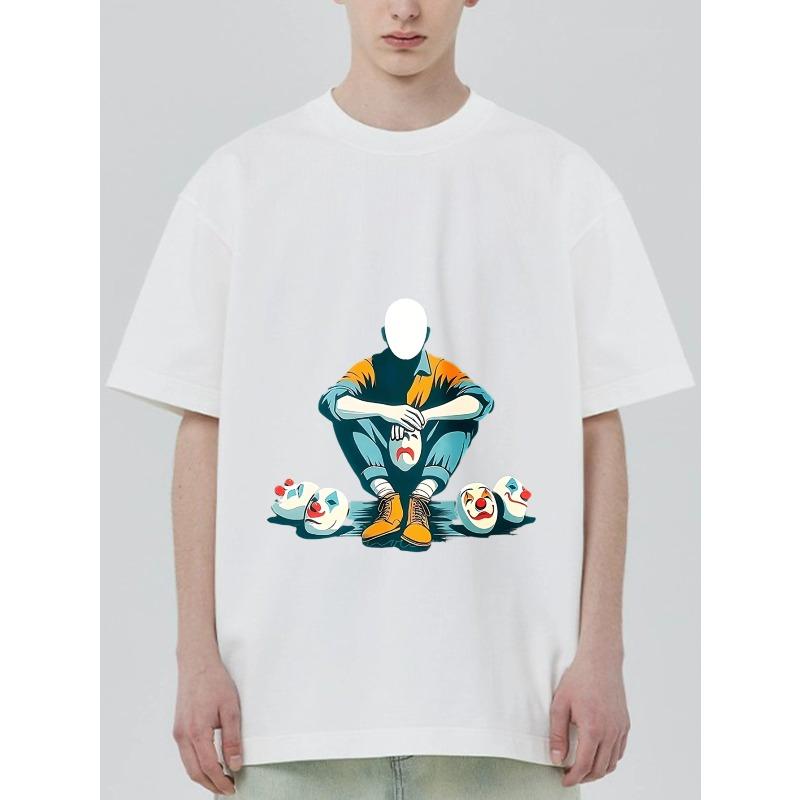 Men's Loose Fit T-Shirt Black Clown Face Graphic Print Casual Streetwear Fashion Top For Everyday Wear