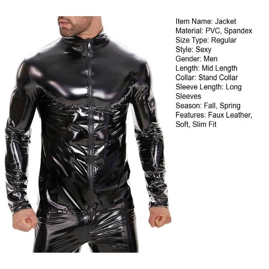Мужская куртка из искусственной кожи, гладкая глянцевая однотонная куртка-стойка с воротником-стойкой на молнии, эластичная куртка с длинным рукавом средней длины для вечеринки, ночного клуба, производительность