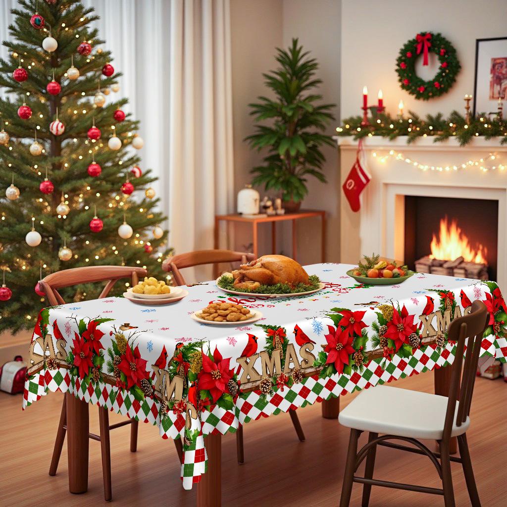 Christmas Table Cloth, Light Luxury And Retro, Flower And Bird Printing, Waterproof And Oil-Proof Leave-In, Christmas Table Decoration
