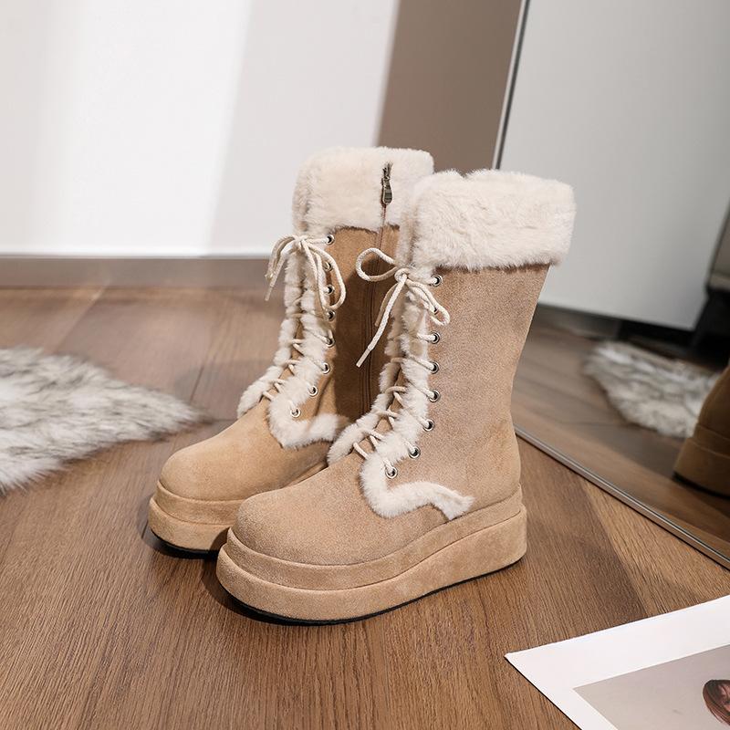Miaomao Snow Boots for Women Autumn and Winter New Cream Thick Bottom Fleece-Lined Thermal Middle Tube Knight