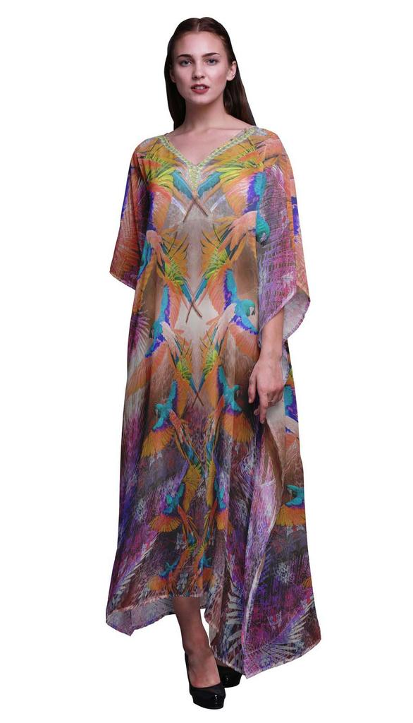 Phagun Branch & Colorful Parrot Bird Long Caftan Maxi Dress Beach Swimwear Cover Up Womens