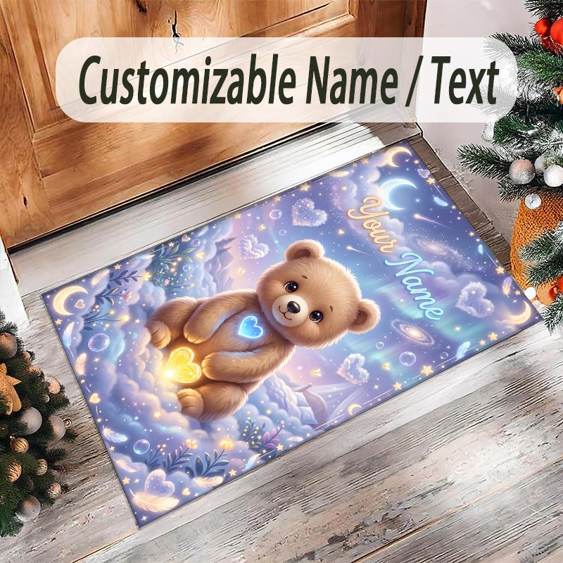 Teddy Bear Theme Crystal Velvet Rug Personalized Custom Name Text Soft Floor Mat Home Decor