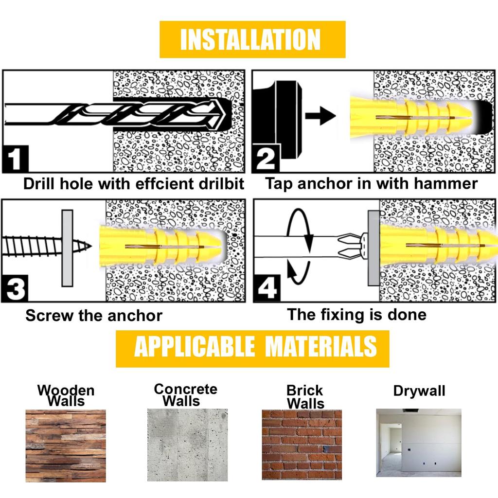 Набор из 340 шт. винтов с крестообразным шлицем и прорезью и дюбелей-анкеров, используется для настенного монтажа и декоративной установки.