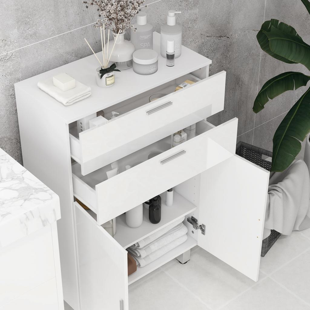 Bathroom cabinet with 2 drawers double-door cupboard and adjustable shelves 60 x 30 x 93 cm glossy white