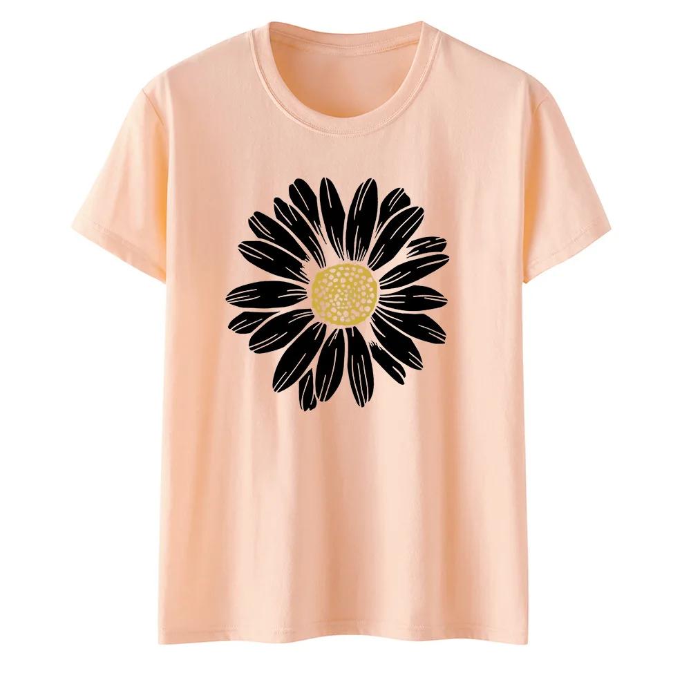 Womens Cotton Daisy Print Base Tshirt Loose round Neck Casual Short Sleeve Fashion Top Wholesale Clothing Summer