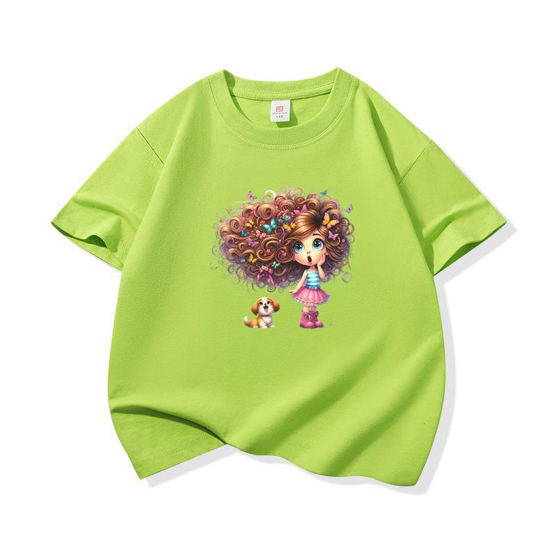 Kids Cotton T Shirt Girl With Floral Hair And Puppy Dog Print Crew Neck Short Sleeve Tee Casual Boys Girls Summer Tops