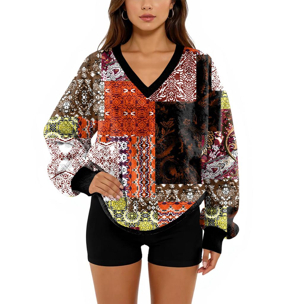 Women's V-Neck Sweatshirt Plush Solid Color Casual Fashion Long Sleeve With Pocketed Pullover Top