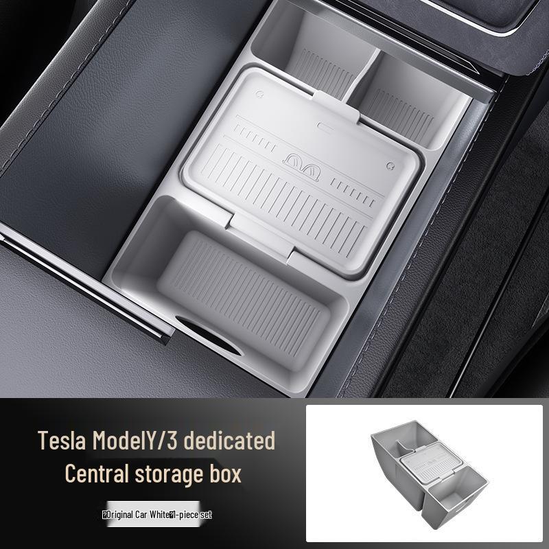 Tesla Central Console Storage Box: Original Car Color, Convenient Silicone Organizer for Lower Console Layer