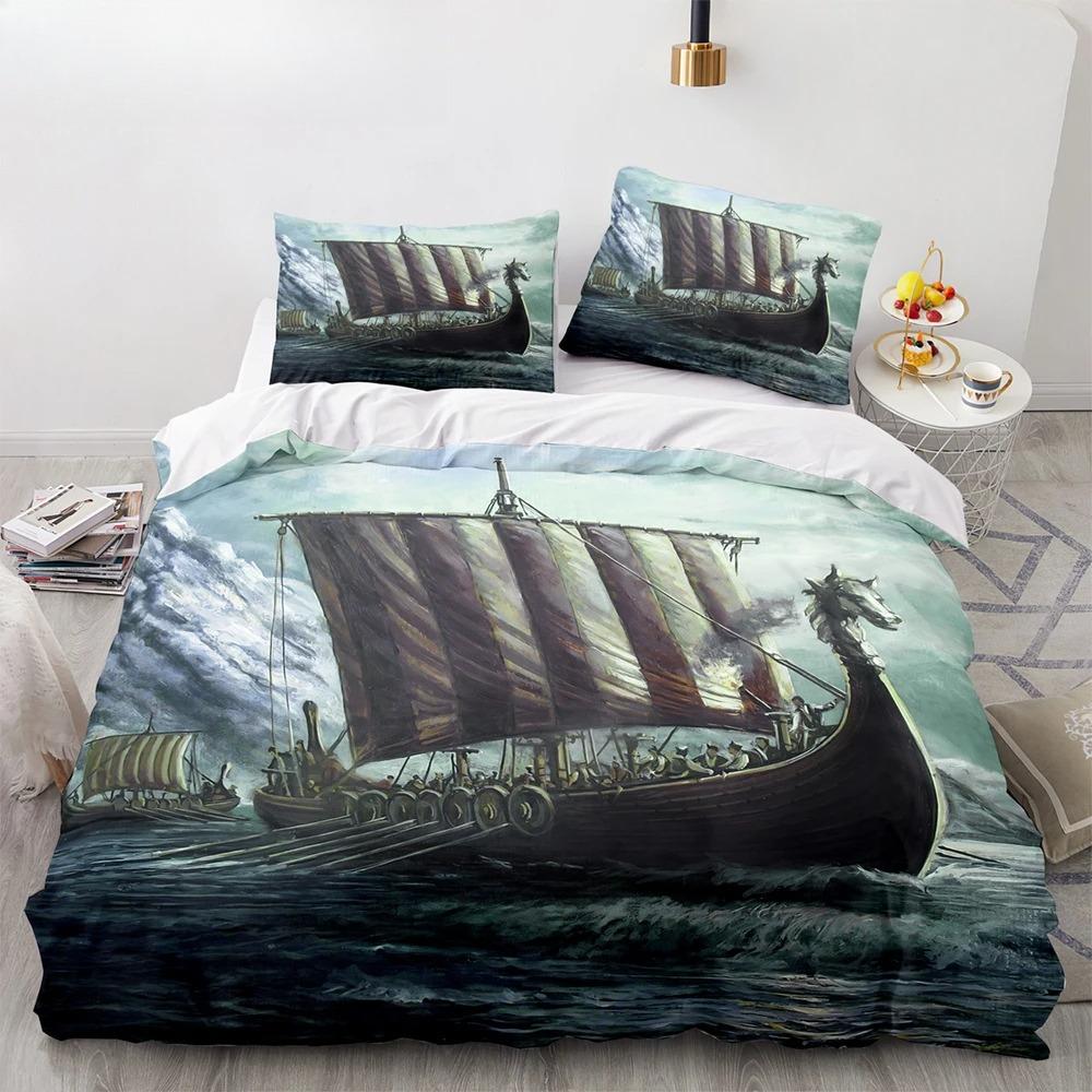 Винтажный пододеяльник с изображением парусника, короля и королевы, комплект постельного белья с изображением океана для подростков и взрослых, с изображением корабля и огня, черный, 2/3 шт., полиэстер, пододеяльник