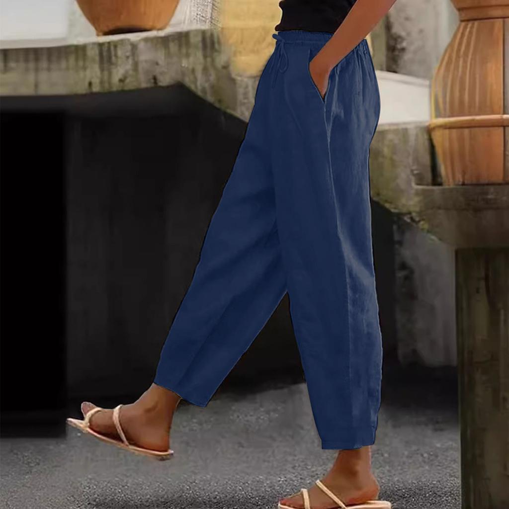 Women's Fashion Loose Cotton Linen Solid Color Casual Side Pocket Elastic Drawstring Trousers