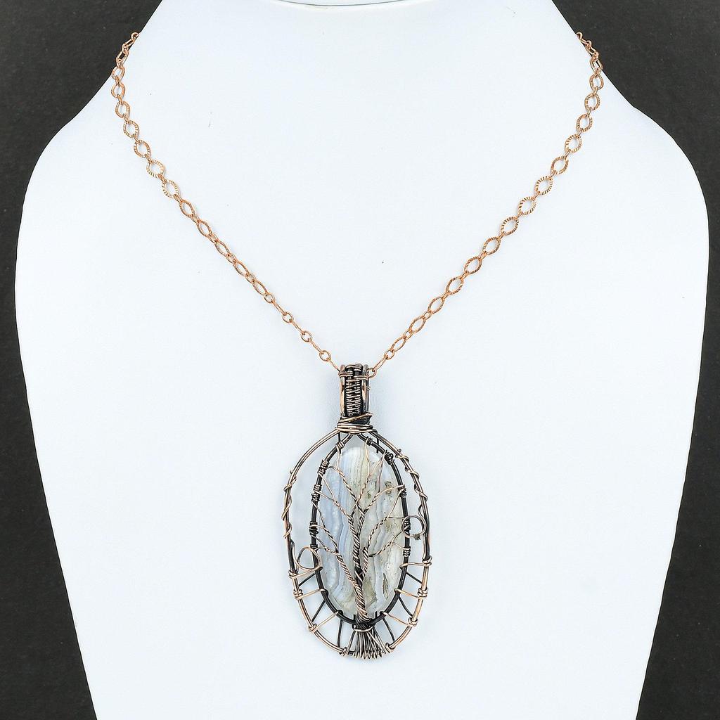 Древо жизни Синий Кружевной Агат Кулон Драгоценный Камень Проволока Ювелирные Изделия Медная Проволока Обернутый Кулон Ручной Работы Древо Жизни Ювелирные Изделия Подарок Для Матери