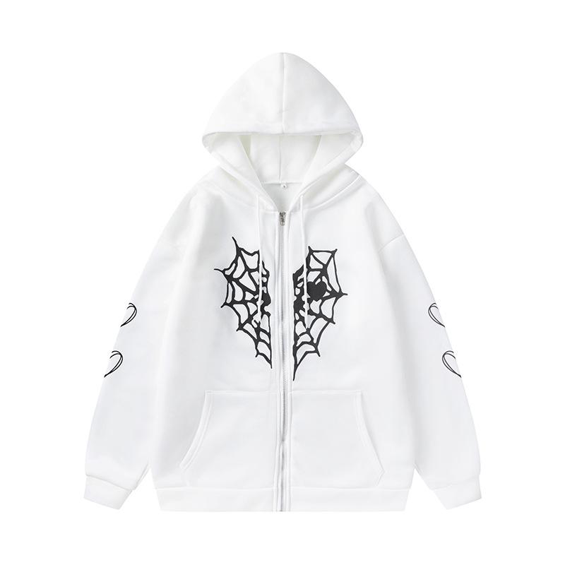 Cross-border Spider Web Heart Print Fleece-Lined Hooded Cardigan