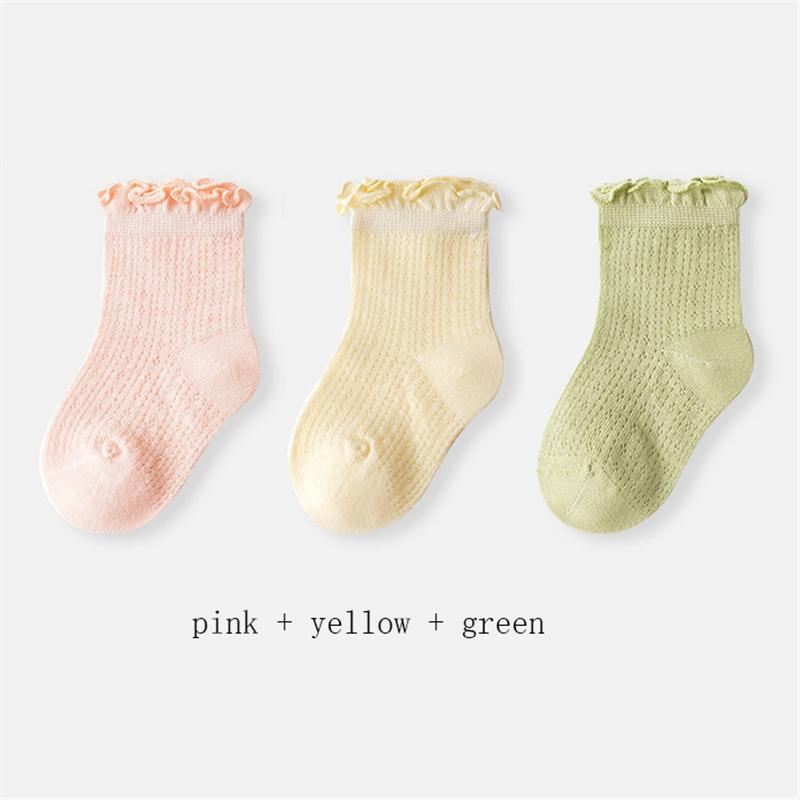 3 пары/лот Летние детские сетчатые тонкие носки однотонные мягкие хлопковые носки для новорожденных носки с рюшами для маленьких девочек милые дышащие носки