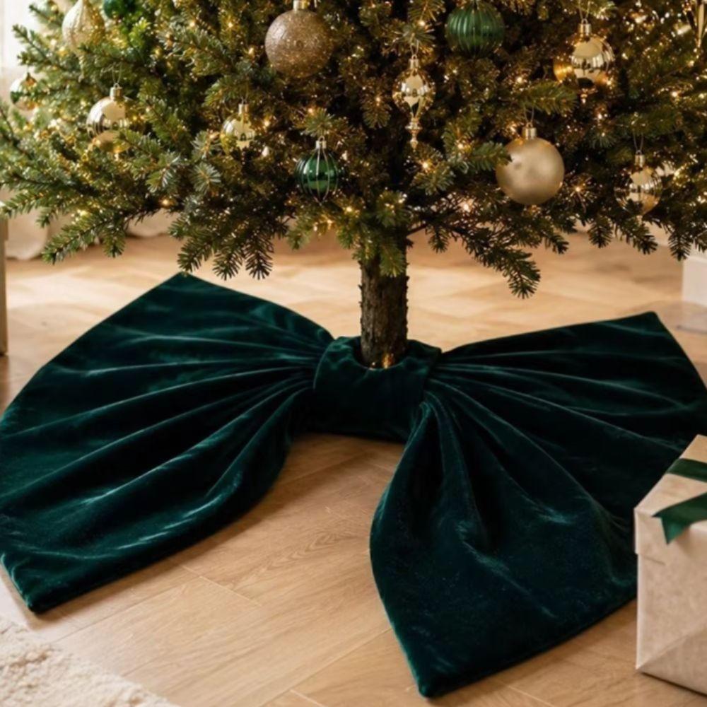 Red Bow Design Tree Base Cover Velvet Xmas Tree Skirt Large Ornament Tree Base Mat Shopping Mall
