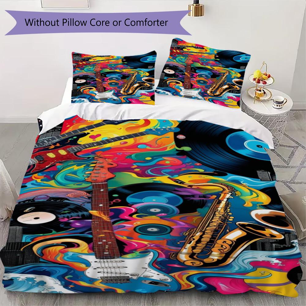 Black & White Splatter Guitar Print Bedding Set, Rock Music Duvet Cover Set(1 * duvet cover + 2 * pillowcase, without core)