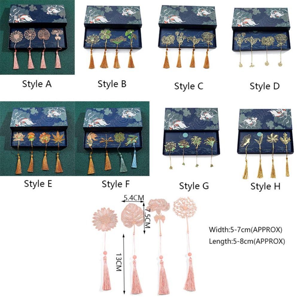 4pcs/set with Tassel Book Page Marker Hollow Brass Reading Marker Chinese Style Bookmarks Literary