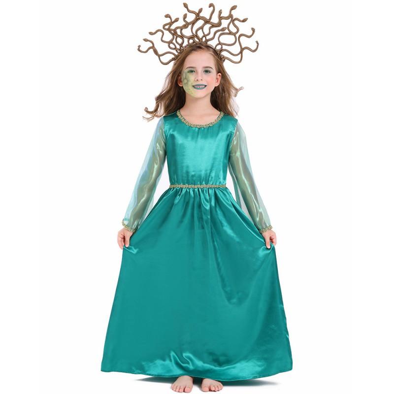 Halloween Costume Girls Greek Mythology Medusa Cosplay Dress With Snake Hair Green Long Sleeve Gown