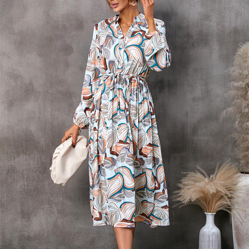 QICED Женская мода осень-зима с цветочным принтом и длинным рукавом с v-образным вырезом повседневные платья