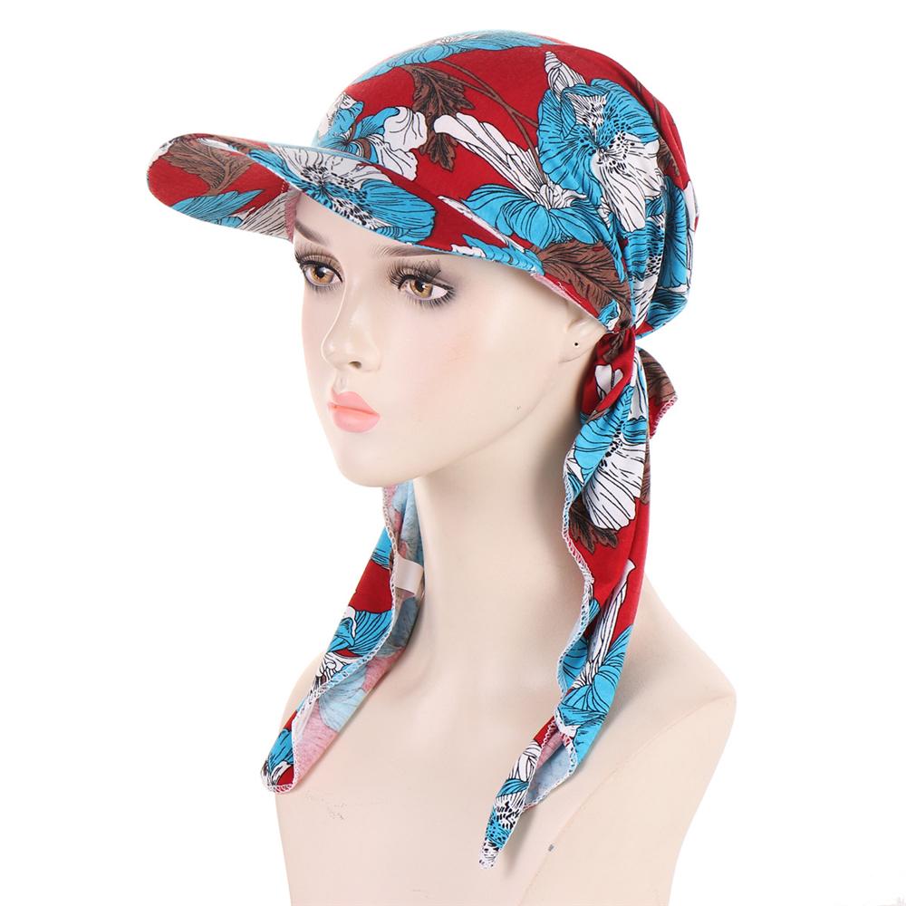 2025 Print Pre-Tied Hat Women Muslim Long Tail Headscarf Hijab Turban Visor Chemo Cap Bonnet Hair Loss Head Wrap Turbante Mujer