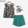 ZANZEA Женские топы и шорты с принтом, повседневные комплекты из двух предметов