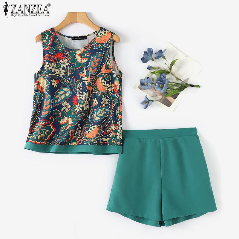 ZANZEA Женские топы и шорты с принтом, повседневные комплекты из двух предметов