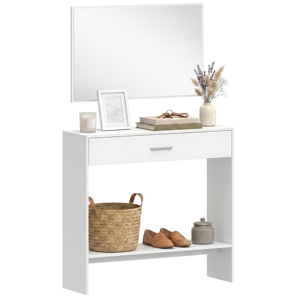 Entryway Console Table with Mirror, Drawer and Shelf Hallway Furniture for Corridor 91.5x27.9x85.5 cm White