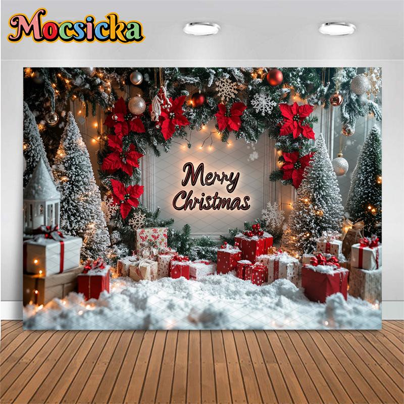 Mocsicka Merry Christmas Background Photography Shooting Props Xmas Tree Snow Gifts Decors Children Adult Family Party Backdrops