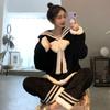 Black Coral Velvet Pajamas Sets for Women Autumn Winter Thickened Warm Flannel Korean Style Cute Navy Collar Bow Homewear Suit