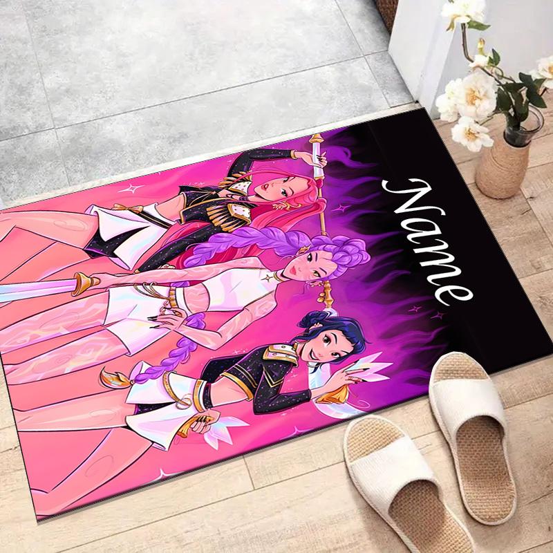 Custom KPop Demon Hunters Mat Personalized Name, Polyester Washable Indoor Entryway Rug, Gift for Christmas, Easter, Thanksgiving Day