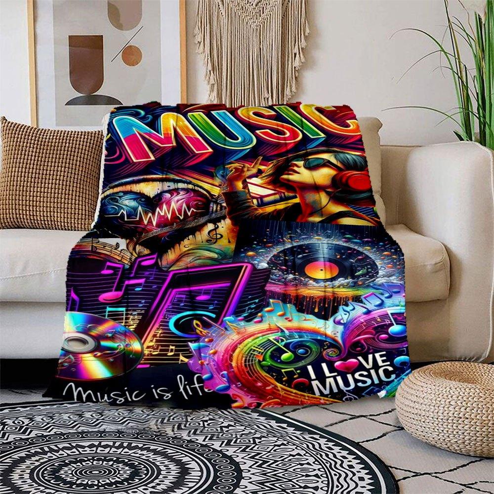 "Music Lovers' Vibrant Poster: 'Music is Life, I Love Music'"Blanket Flannel Throw Blanket for Sofa, Bed, Travel, Camping, Office