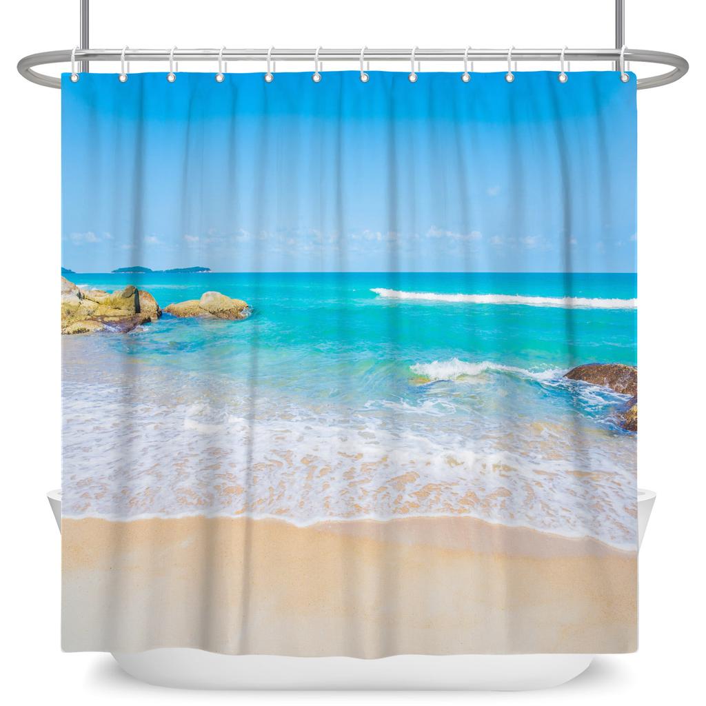 Tropical Starfish Shower Curtain with Hooks Waterproof Polyester Bathroom Curtain Ocean Beach Design Easy Clean Bathtub Curtains