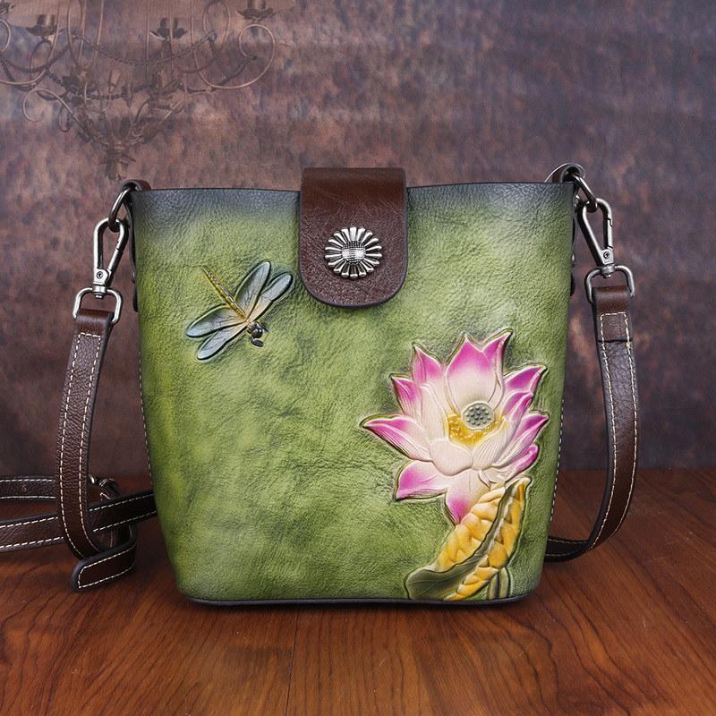 Винтажный дизайн Lotus Embossing Сумки через плечо из натуральной кожи Сумка через плечо для женщин Дамский кошелек GZW