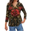 Женские топы, рубашка с рукавом три четверти, свободная повседневная рубашка с V-образным вырезом, футболка с цветочным принтом