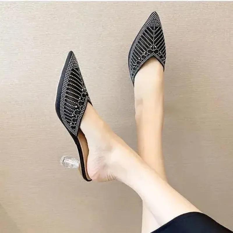 2024 New Mesh Diamond-tipped Half Slippers Women Fashion Women's Shoes Pointed Crystal High Heels Sandals