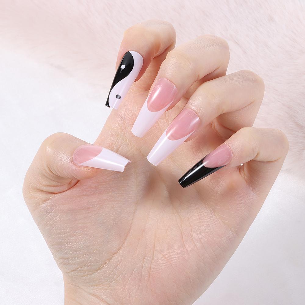 Fake Nails Ballerina with Taichi Design False Nail Tips Long Coffin White and Black Mixed Colors