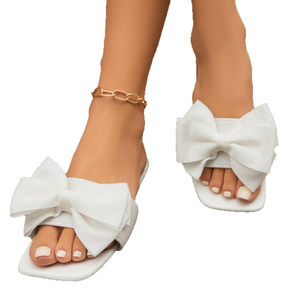 Модные тапочки большого размера с бантом, женские повседневные тапочки с открытым носком и плоской подошвой, новые летние женские тапочки