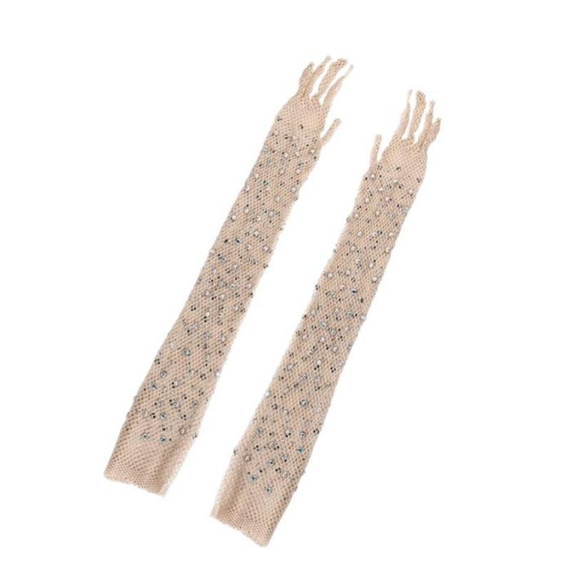 2 Pair Mesh Gloves Fishnet Crystal Rhinestone Long Full Finger Arm Opera Party Lace