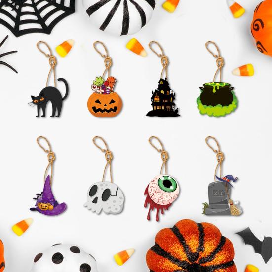 8Pcs Halloween Ornaments Gnome Pumpkin Ghost Black Cat Haunted House Halloween Hanging Pendant Holiday Party Decor
