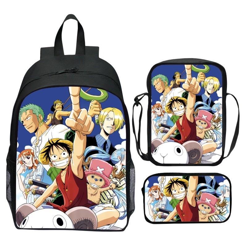 One Piece Printed 3-Piece Backpack Set Cartoon Pirate Navy Elementary School Bag Large Capacity Water-Resistant Kids Backpack