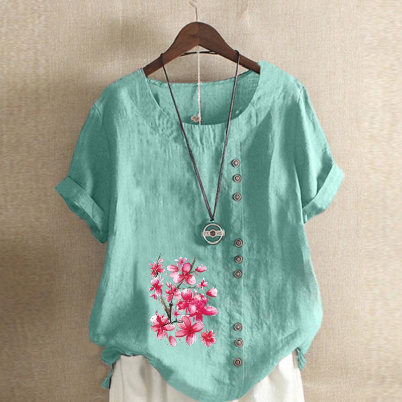 Женская мода Plum Blossom Printed футболка с коротким рукавом свободная хлопковая рубашка повседневная свободная летняя блузка топы больших размеров