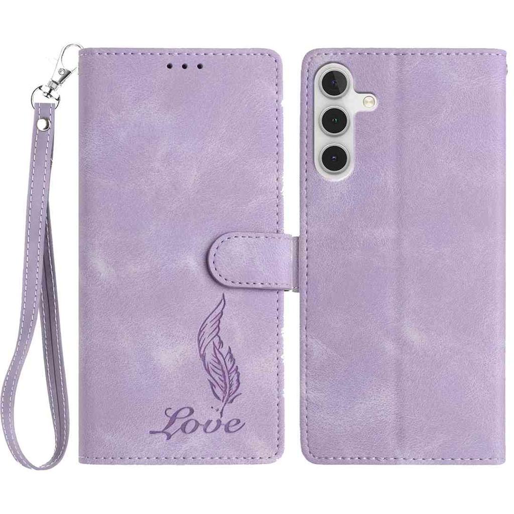 For Samsung Galaxy A36 5G Case Imprinted Feather PU Leather Wallet Phone Cover with Wrist Strap
