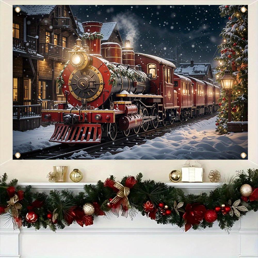 1 piece "Merry Christmas" polyester background banner a red train design for a snowy winter night family holiday party