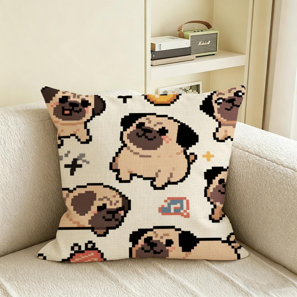 C-Cartoon Pet Pug Cushion Cover Natural Linen Pillowcase Set, All-In-One Decor For Sofa, Bedroom & Chair