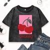 Qizil Gilos Meva Bosmali Yuvilgan Futbolka Ayollar Yozgi Kundalik Futbolkalar Slim Crewneck Qisqartirilgan Qisqa Yengli Paxta Vintage Top