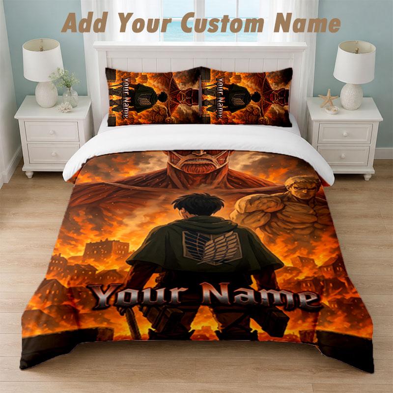 Bedding Set 1 Duvet Cover 2 Pillowcases Attack on Titan Print Soft Bed Linen Bedroom Decor