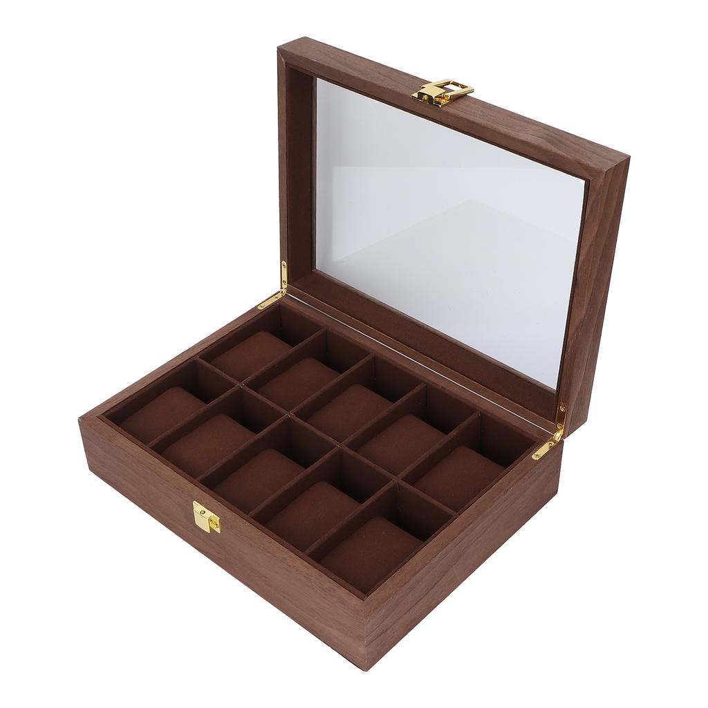 10 Grid Wooden Watch Box Transparent Cover Watch Jewelry Storage Organizer Container Box