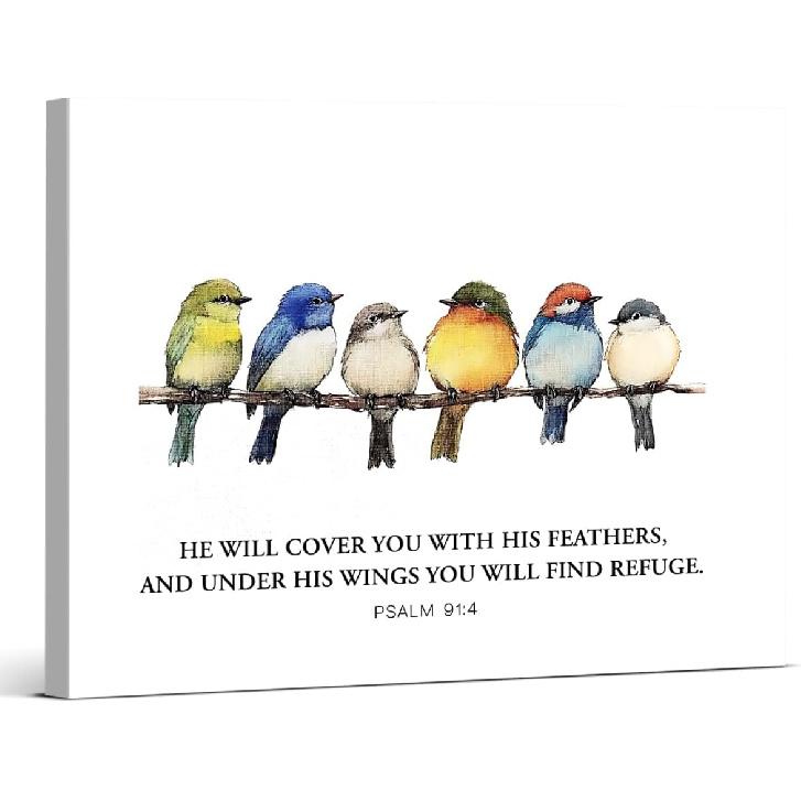 Bible Verse Canvas Wall Art Christian He Will Cover You with His Feathers Poster Print Psalms 91:4 Picture Artwork Framed for Office Church Home
