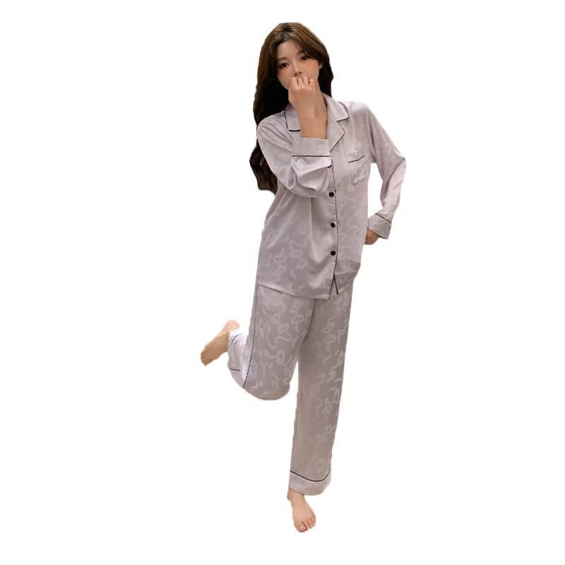 Spring and autumn new ice silk pajamas women's high-end purple hot diamond bows are comfortable and white, and can be worn outside loungewear