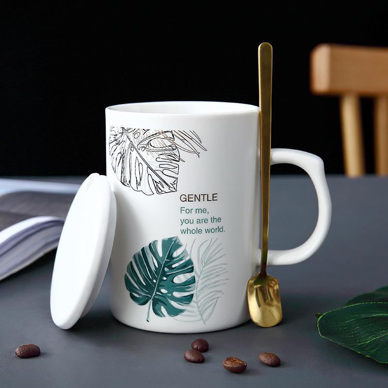 450 мл креативная зеленая листовая белая фарфоровая кружка с ложкой, кружки для напитков в подарок, фарфоровые кружки кофейная чашка для чая/кофе/молочная чашка