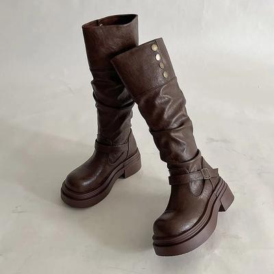 Модные женские ботинки на платформе в мотоциклетном стиле, ремешок с пряжкой, ботинки на толстой подошве, женские, новые, из черной искусственной кожи, в западном стиле, рыцарские, botas mujer